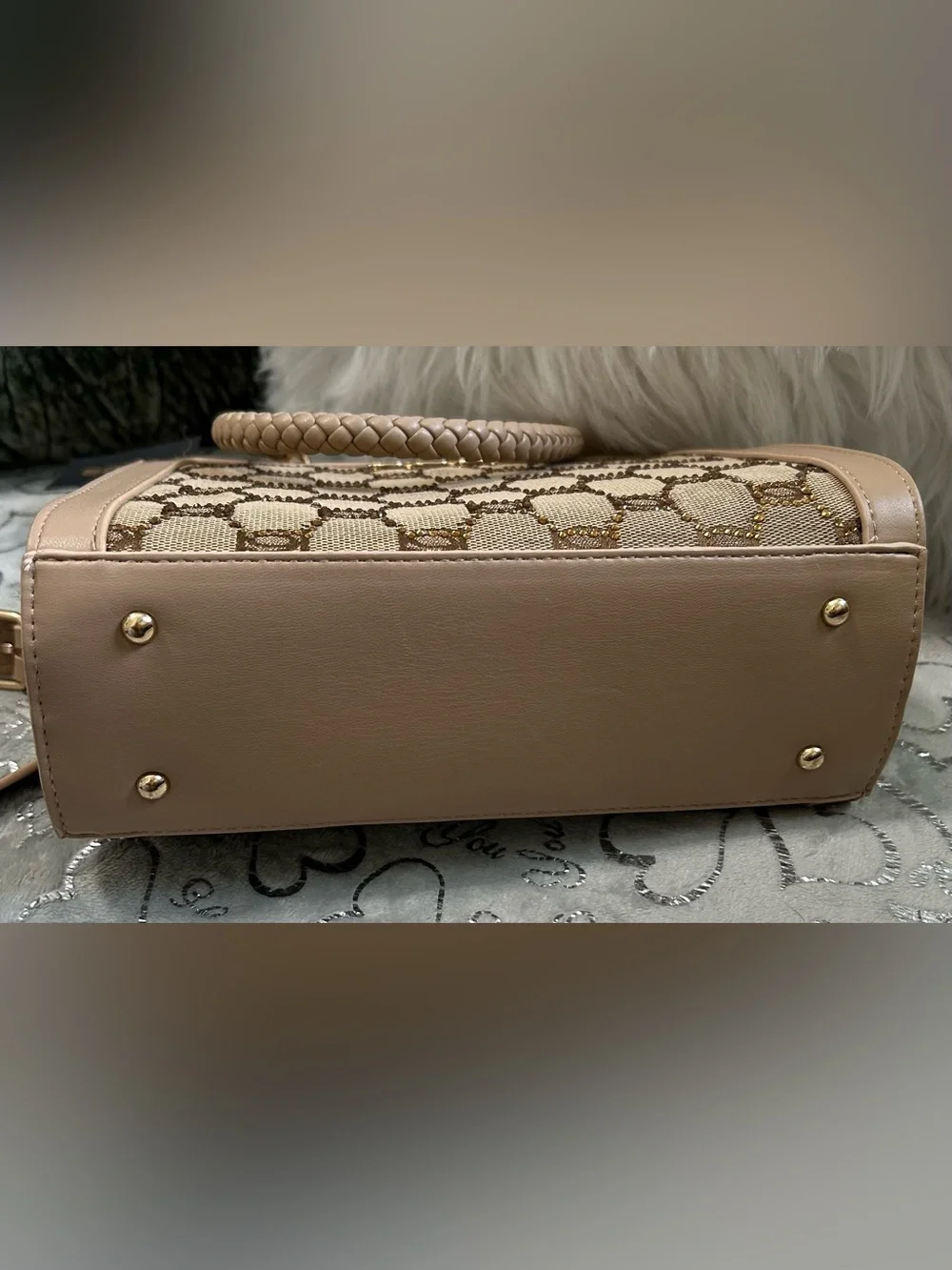 NWT Bebe Celia Beige Tan Logo Jacquard Braided-Handle Mini-Satchel